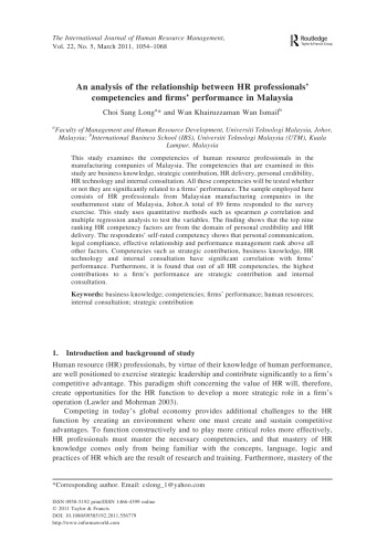 An analysis of the relationship between HR professionals’ competencies and firms’ performance in Malaysia