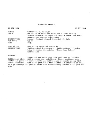 Ten Years of Problems from the Nassau County Interscholastic Mathematics League 1960 - 1969 with Answers and Sample Solutions