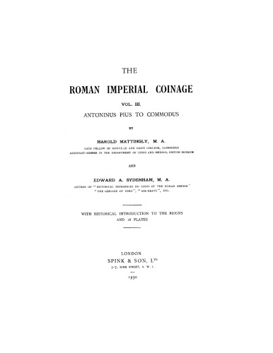 Roman Imperial Coinage, Volume III: Antoninus Pius to Commodus