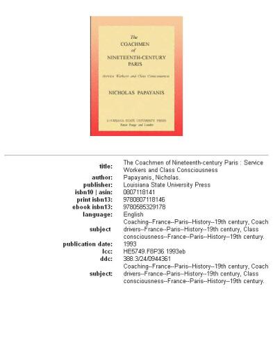 The Coachmen of Nineteenth-Century Paris: Service Workers and Class Consciousness