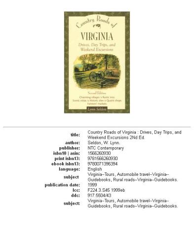 Country Roads of Virginia : Drives, Day Trips, and Weekend Excursions