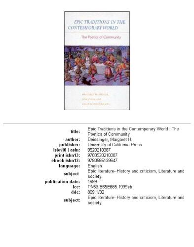 Epic Traditions in the Contemporary World: The Poetics of Community