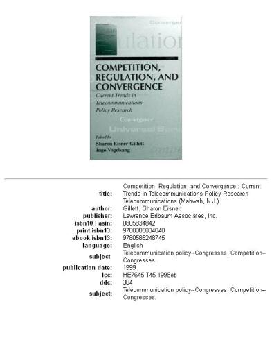 Competition, Regulation, and Convergence: Current Trends in Telecommunications Policy Research (Telecommunications (Mahwah, N.J.).)