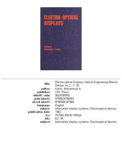 Electro-optical Displays (Optical Science and Engineering)