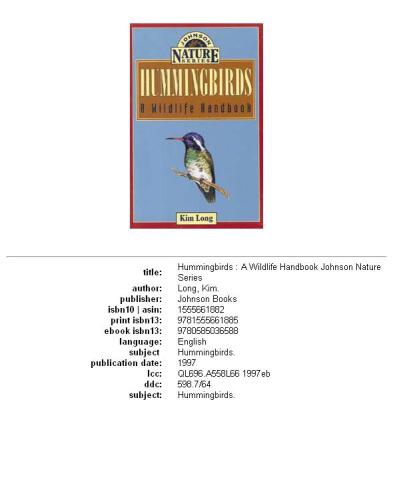 Hummingbirds: A Wildlife Handbook (Johnson Nature Series)