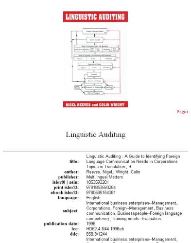 Linguistic Auditing: A Guide to Identifying Foreign Language Communication Needs in Corporations (Topics in Translation, 9)