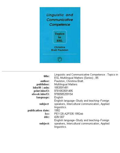 Linguistic and Communicative Competence: Topics in Esl (Multilingual Matters)