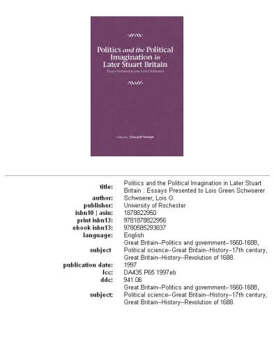 Politics and the Political Imagination in Later Stuart Britain: Essays presented to Lois Green Schwoerer