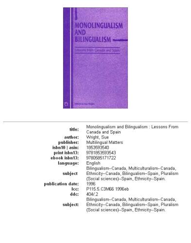 Monolingualism and Bilingualism: Lessons from Canada and Spain (Also Pub As Vol 2, No 1 of Current Issues in Language and Society)