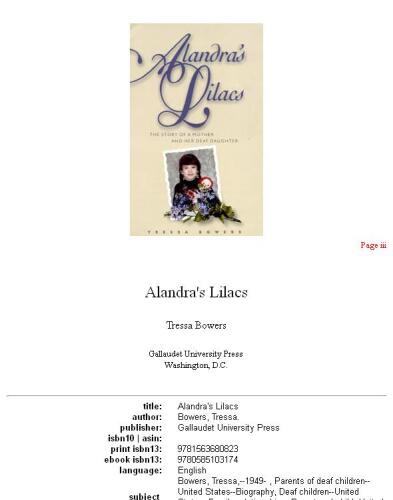 Alandra's Lilacs: The Story of a Mother and Her Deaf Daughter