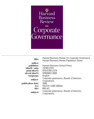 Harvard Business Review on Corporate Governance (Harvard Business Review Paperback Series)