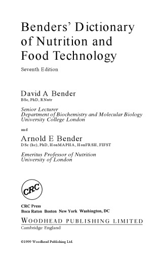 Benders' dictionary of nutrition and food technology, Eighth Edition