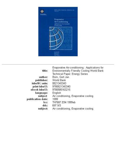 Evaporative Air-Conditioning: Applications for Environmentally Friendly Cooling (World Bank Technical Paper)