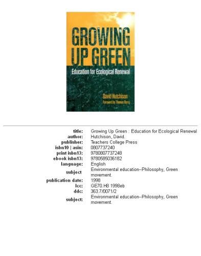 Growing Up Green: Education for Ecological Renewal