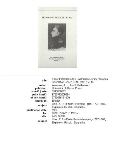 Fedor Petrovich Litke: Rasmuson  Vol. X (Rasmuson Library Historical Translation Series, V. 10)