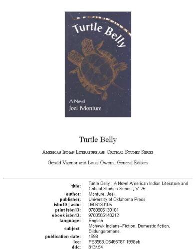 Turtle Belly (American Indian Literature and Critical Studies Series)