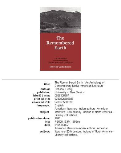 The Remembered Earth: An Anthology of Contemporary Native American Literature