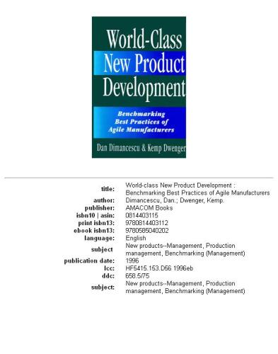 World-Class New Product Development: Benchmarking Best Practices of Agile Manufacturers