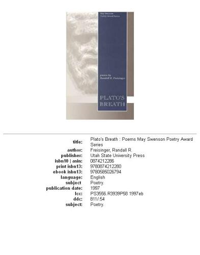 Plato's Breath: Poems (May Swenson Poetry Award Series)