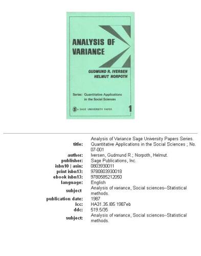 Analysis of Variance (Quantitative Applications in the Social Sciences)