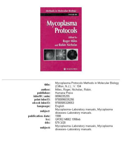 Mycoplasma Protocols (Methods in Molecular Biology Vol 104)