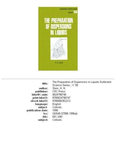 The Preparation of Dispersions in Liquids (Surfactant Science)