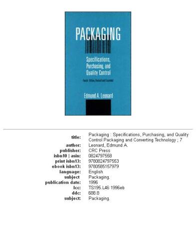 Packaging: Specifications, Purchasing, and Quality Control (Packaging and Converting Technology)