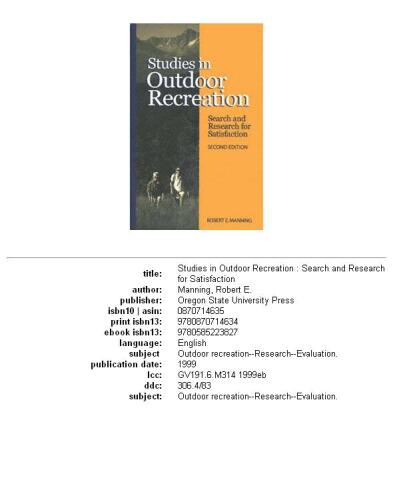 Studies in Outdoor Recreation: Search and Research for Satisfaction