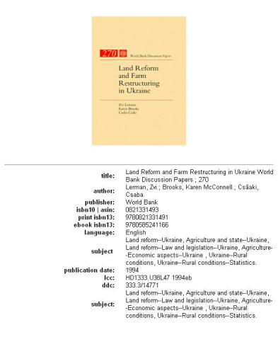 Land Reform and Farm Restructuring in Ukraine (World Bank Discussion Paper)