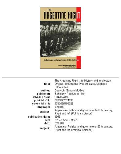 The Argentine Right: Its History and Intellectual Origins, 1910 to the Present (Latin American Silhouettes)