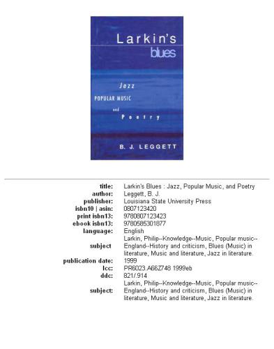 Larkin's Blues: Jazz, Popular Music, and Poetry