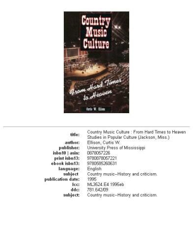 Country Music Culture: From Hard Times to Heaven (Studies in Popular Culture)