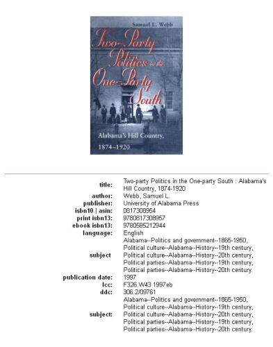 Two-Party Politics in the One-Party South: Alabama's Hill Country, 1874-1920