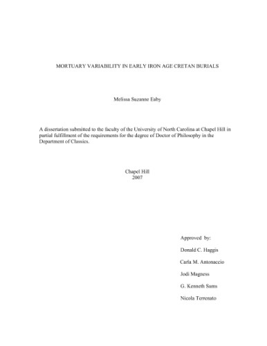 Mortuary variability in Early Iron Age Cretan burials (PhD The University of North Carolina at Chapel Hill)