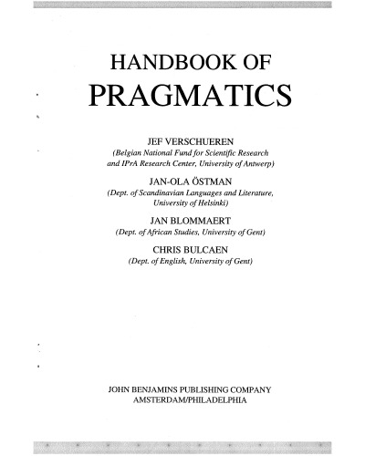 Handbook of Pragmatics: 1996 Installment