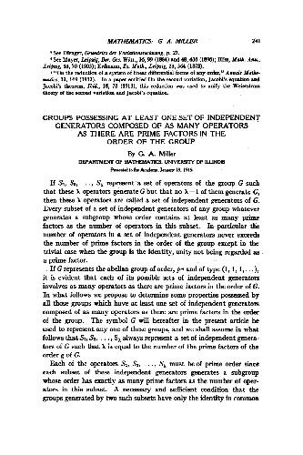 Groups Possessing at Least One Set of Independent Generators Composed of as Many Operators as There are Prime Factors in the Order of the Group