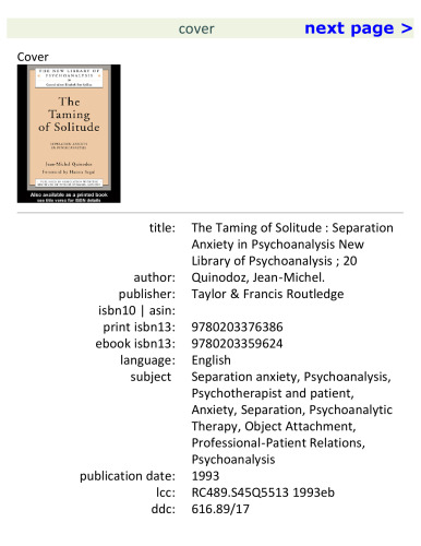 The Taming of Solitude: Separation Anxiety in Psychoanalysis