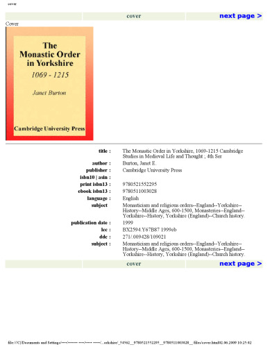 The Monastic Order in Yorkshire, 1069-1215