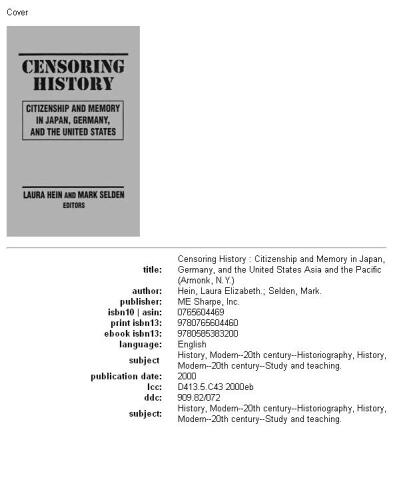 Censoring history: citizenship and memory in Japan, Germany, and the United States