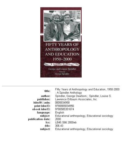 Fifty years of anthropology and education, 1950-2000: a Spindler anthology