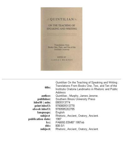 Quintilian on the teaching of speaking and writing: translations from books one, two, and ten of the Institutio oratoria