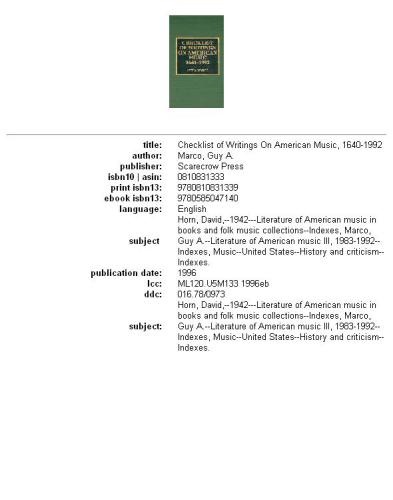 Checklist of writings on American music, 1640-1992, Volumes 1-2