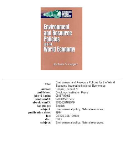 Environment and resource policies for the world economy