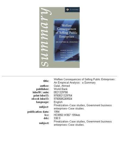 Welfare consequences of selling public enterprises: an empirical analysis : a summary