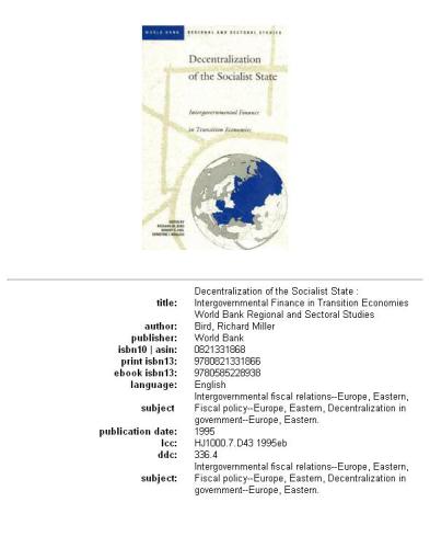 Decentralization of the socialist state: intergovernmental finance in transition economies