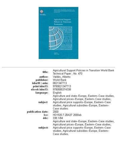 Agricultural support policies in transition economies, Volumes 23-470