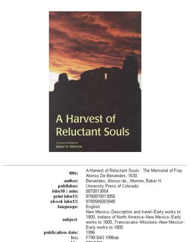 A harvest of reluctant souls: the memorial of Fray Alonso de Benavides, 1630