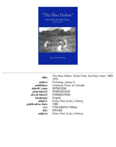 This Blue Hollow: Estes Park, The Early Years, 1859-1915