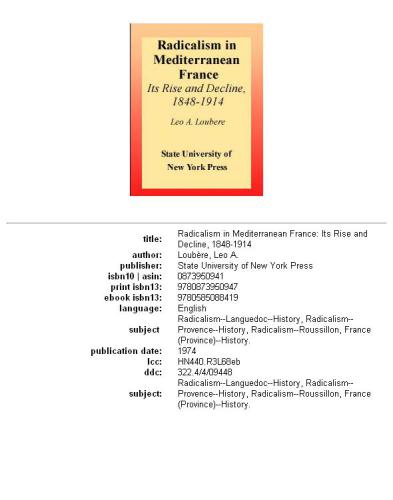 Radicalism in Mediterranean France: its rise and decline, 1848-1914