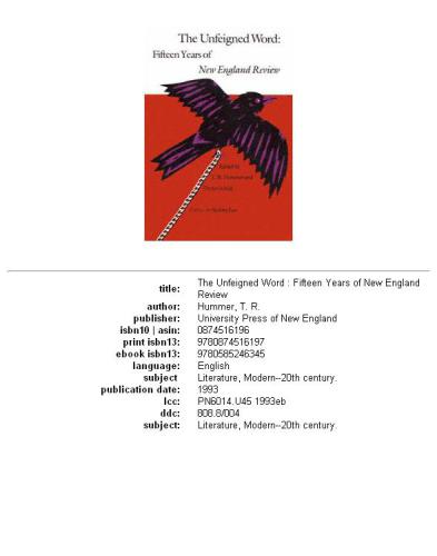 The Unfeigned word: fifteen years of New England review